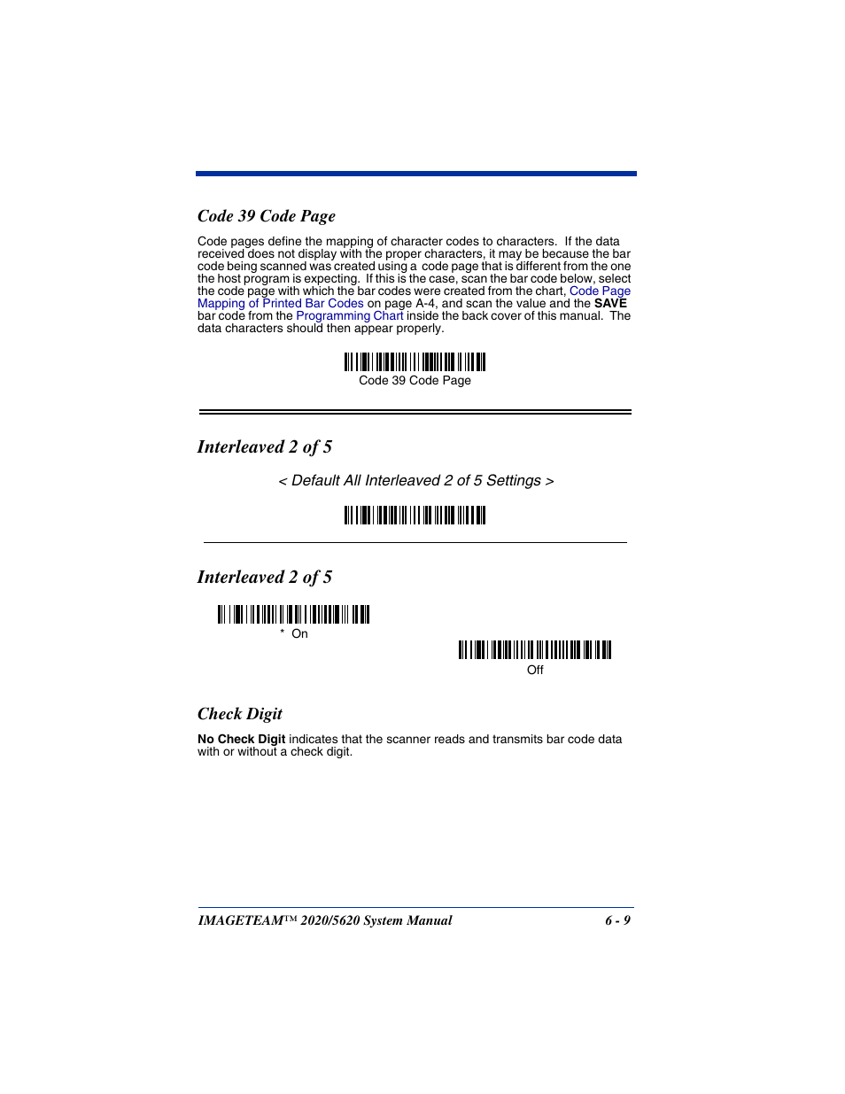 Interleaved 2 of 5, Check digit, Interleaved 2 of 5 -9 | Check digit -9, Code 39 code page | Hand Held Products 5620 User Manual | Page 87 / 168