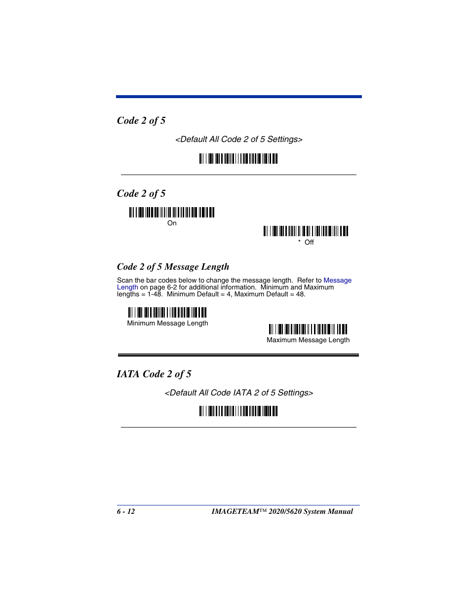 Code 2 of 5, Code 2 of 5 message length, Code 2 of 5 -12 | Code 2 of 5 message length -12, Iata code 2 of 5 | Hand Held Products 5620 User Manual | Page 90 / 168