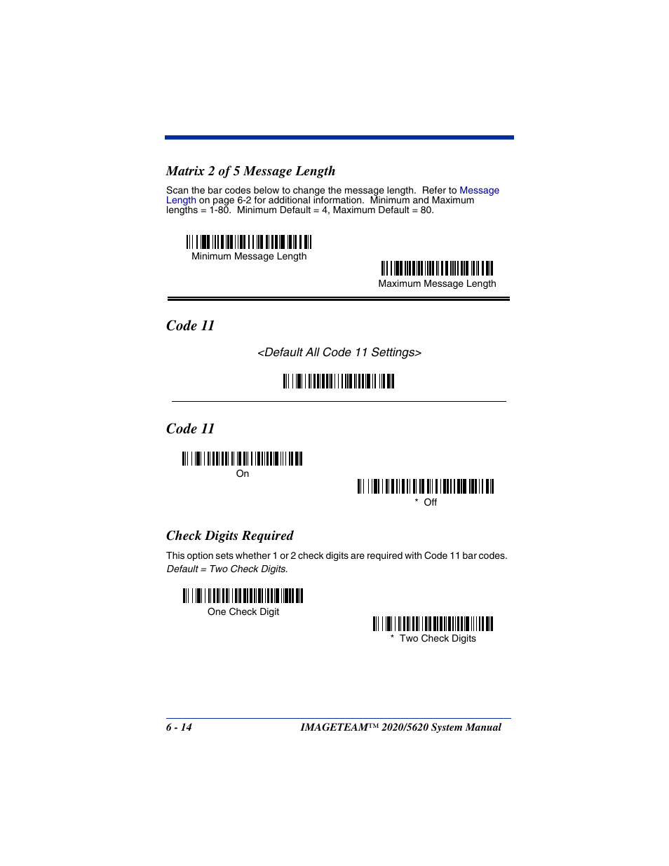 Matrix 2 of 5 message length, Code 11, Check digits required | Matrix 2 of 5 message length -14, Code 11 -14, Check digits required -14 | Hand Held Products 5620 User Manual | Page 92 / 168