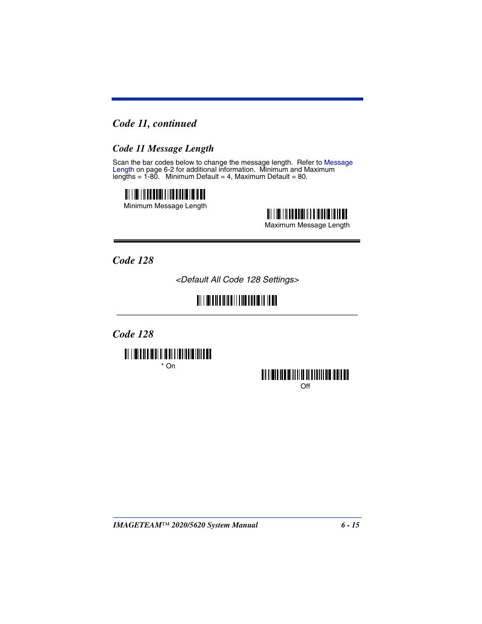 Code 11 message length, Code 128, Code 11 message length -15 | Code 128 -15, Code 11, continued | Hand Held Products 5620 User Manual | Page 93 / 168