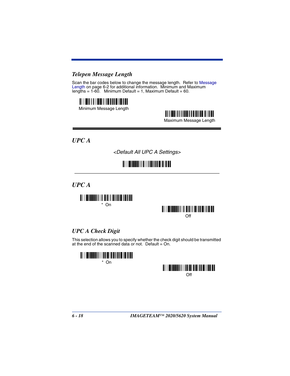 Telepen message length, Upc a, Upc a check digit | Telepen message length -18, Upc a -18, Upc a check digit -18 | Hand Held Products 5620 User Manual | Page 96 / 168