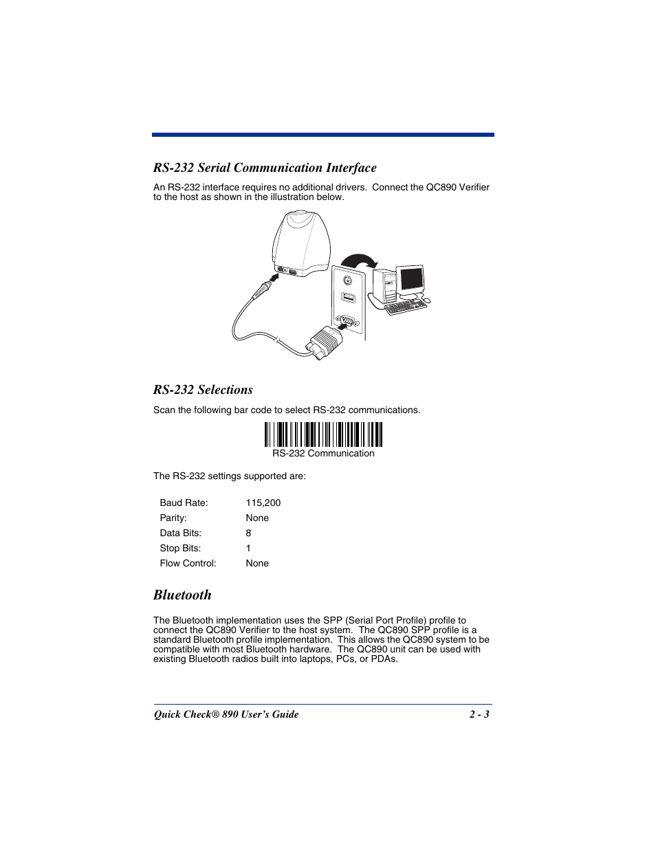 Rs-232 serial communication interface, Rs-232 selections, Bluetooth | Bluetooth -3, Rs-232 serial, For details on connecting your unit | Hand Held Products QUICK CHECK 890 User Manual | Page 11 / 40