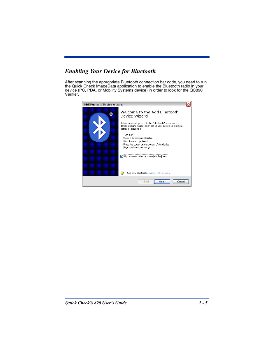 Enabling your device for bluetooth, Enabling your device for bluetooth -5 | Hand Held Products QUICK CHECK 890 User Manual | Page 13 / 40