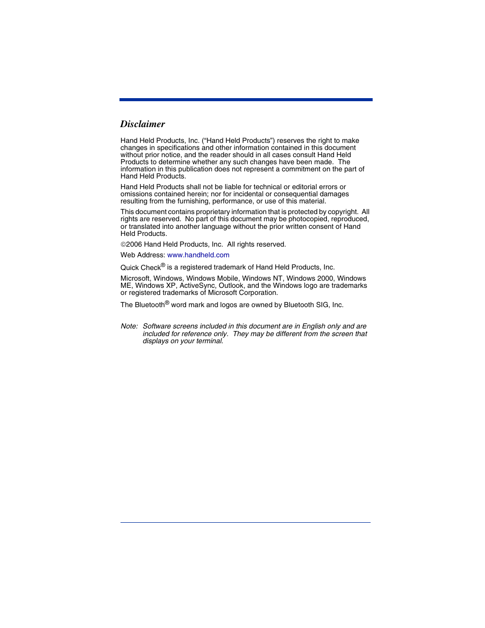 Disclaimer | Hand Held Products QUICK CHECK 890 User Manual | Page 2 / 40