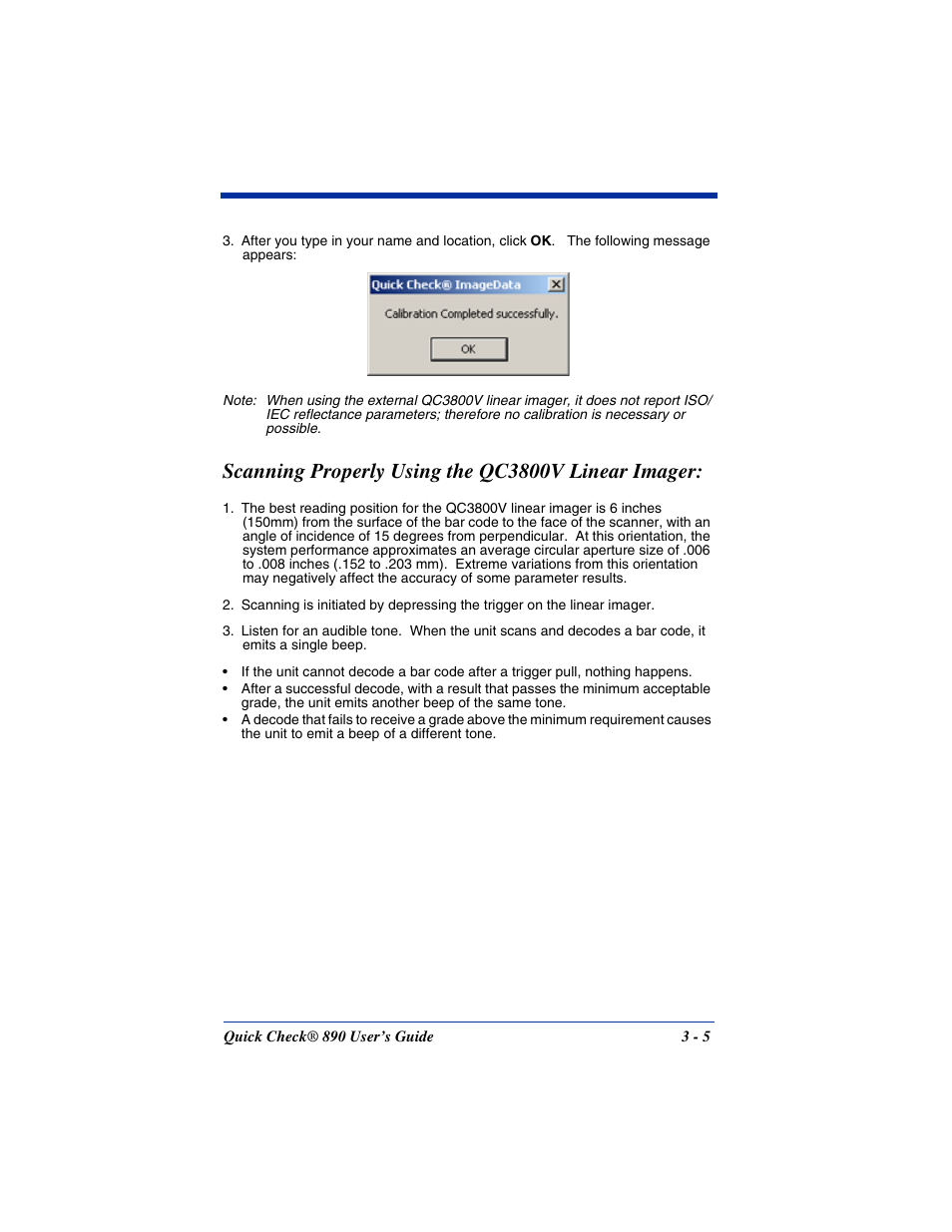 Scanning properly using the qc3800v linear imager, Imager. refer to, If you are using any of | Hand Held Products QUICK CHECK 890 User Manual | Page 23 / 40