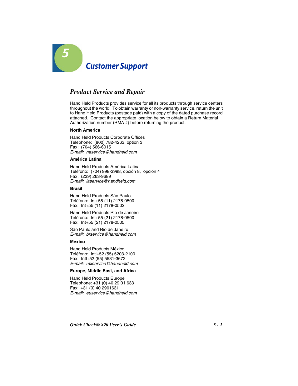 Customer support, Product service and repair, Chapter 5 - customer support | Product service and repair -1, Held products for replacement (see, Details (see, Number (see | Hand Held Products QUICK CHECK 890 User Manual | Page 29 / 40