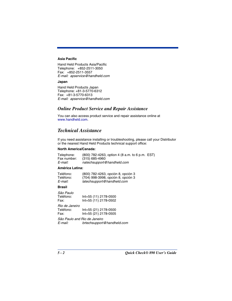 Online product service and repair assistance, Technical assistance, Online product service and repair assistance -2 | Technical assistance -2 | Hand Held Products QUICK CHECK 890 User Manual | Page 30 / 40