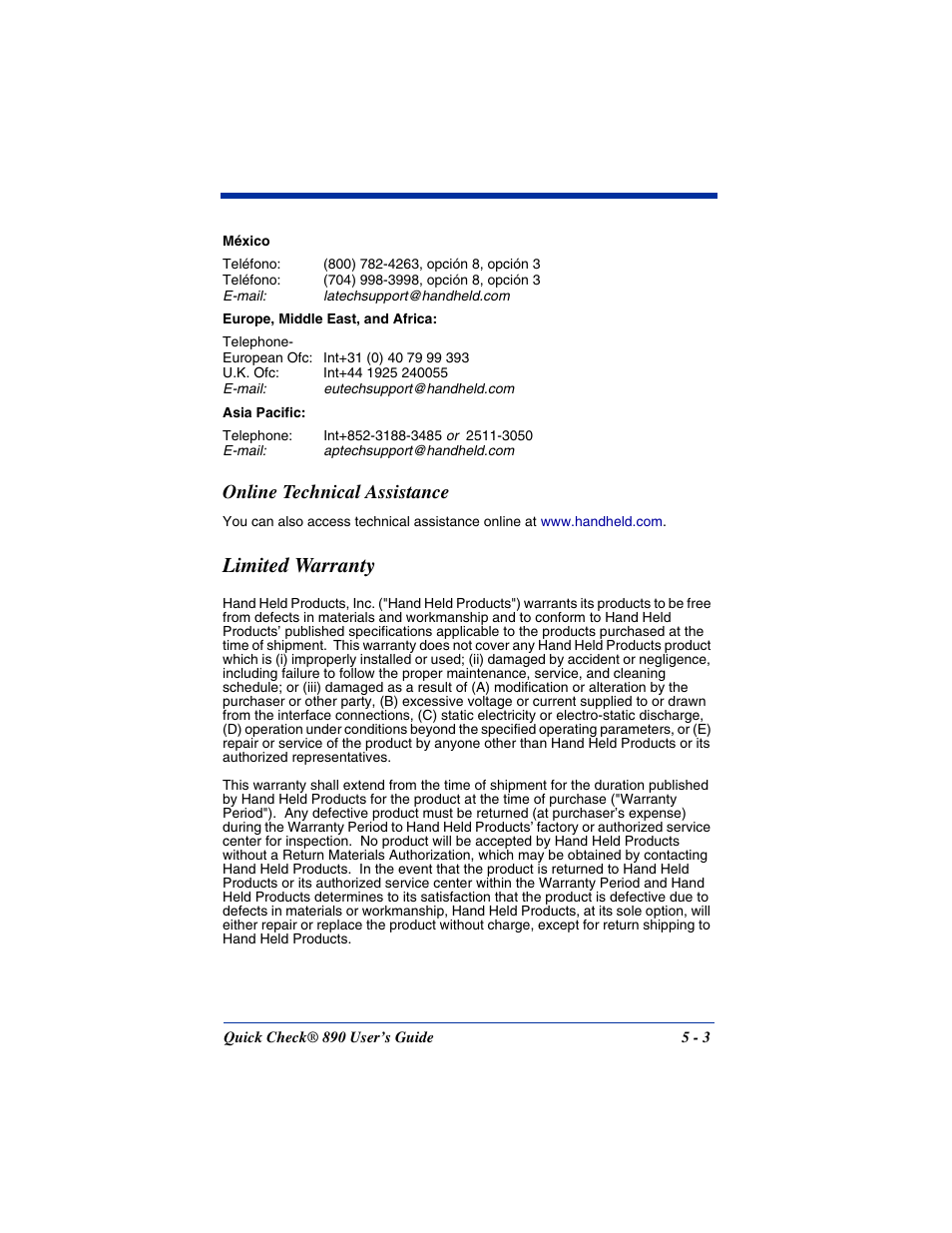 Online technical assistance, Limited warranty, Online technical assistance -3 | Limited warranty -3 | Hand Held Products QUICK CHECK 890 User Manual | Page 31 / 40