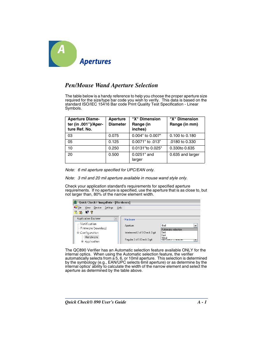 Apertures, Pen/mouse wand aperture selection, Chapter a - apertures | Hand Held Products QUICK CHECK 890 User Manual | Page 33 / 40