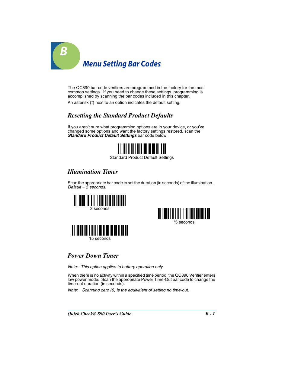 Menu setting bar codes, Resetting the standard product defaults, Illumination timer | Power down timer, Chapter b - menu setting bar codes, Pitch/volume of these beeps (see | Hand Held Products QUICK CHECK 890 User Manual | Page 35 / 40