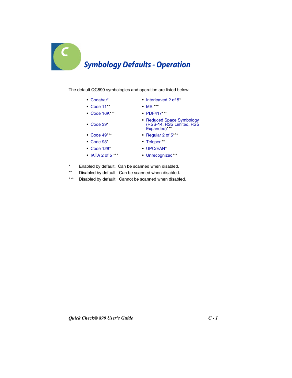 Symbology defaults - operation, Chapter c - symbology defaults - operation | Hand Held Products QUICK CHECK 890 User Manual | Page 37 / 40
