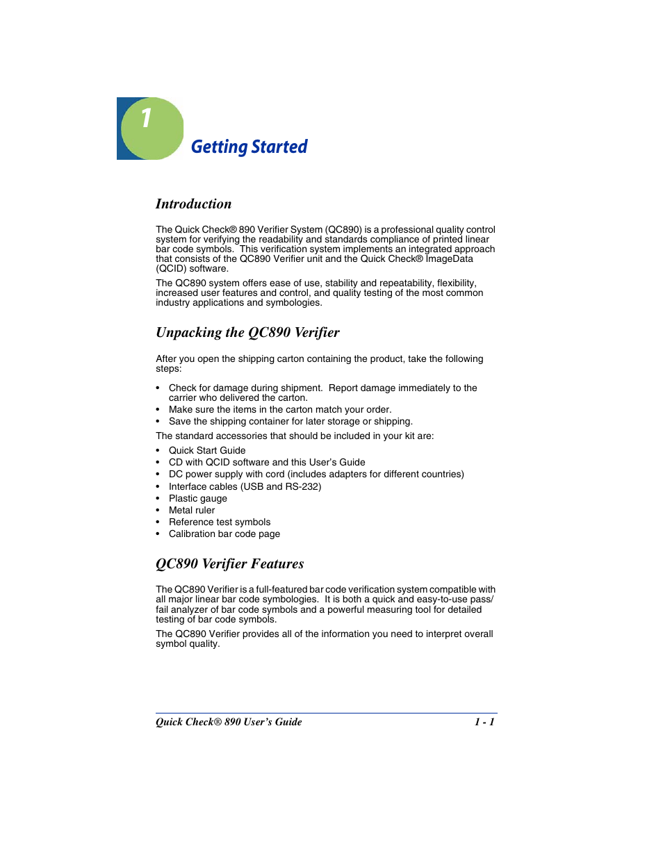 Getting started, Introduction, Unpacking the qc890 verifier | Qc890 verifier features, Chapter 1 - getting started | Hand Held Products QUICK CHECK 890 User Manual | Page 5 / 40