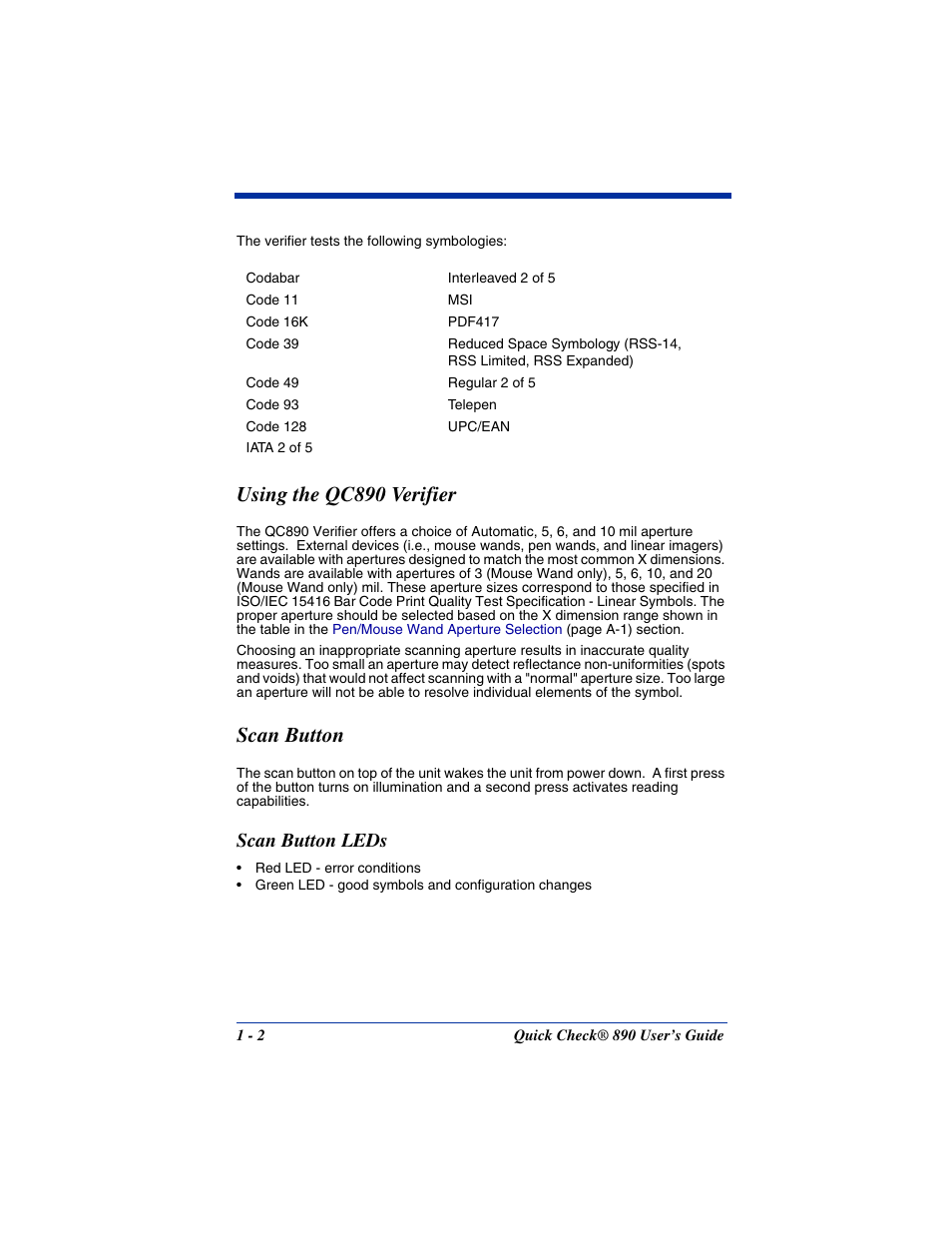 Using the qc890 verifier, Scan button, Scan button leds | Using the qc890 verifier -2 scan button -2, Scan button leds -2 | Hand Held Products QUICK CHECK 890 User Manual | Page 6 / 40