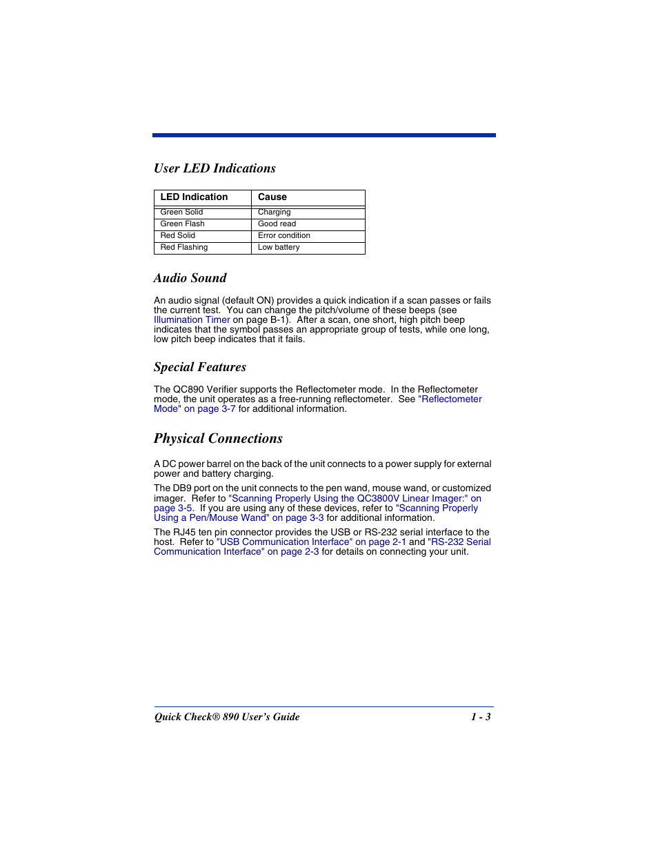 User led indications, Physical connections, User led indications -3 | Physical connections -3, User led indications audio sound, Special features | Hand Held Products QUICK CHECK 890 User Manual | Page 7 / 40