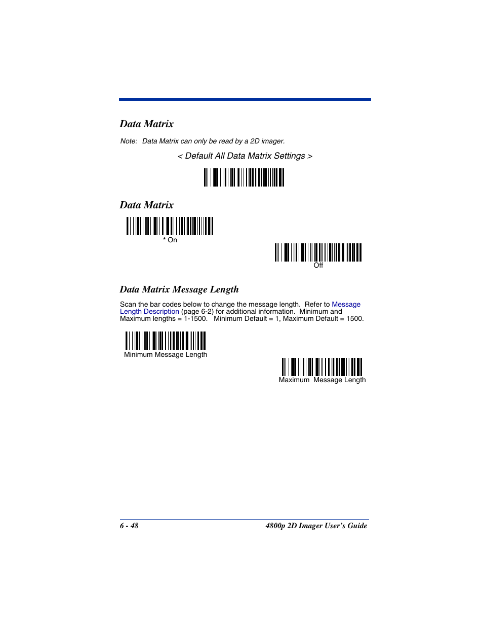 Data matrix message length, Data matrix message length -48, Data matrix | Hand Held Products 2D IMAGER 4800P User Manual | Page 102 / 184