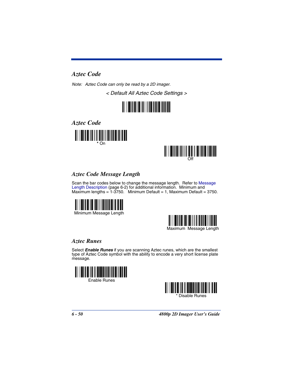 Aztec code message length, Aztec runes, Aztec code message length -50 aztec runes -50 | Aztec code | Hand Held Products 2D IMAGER 4800P User Manual | Page 104 / 184