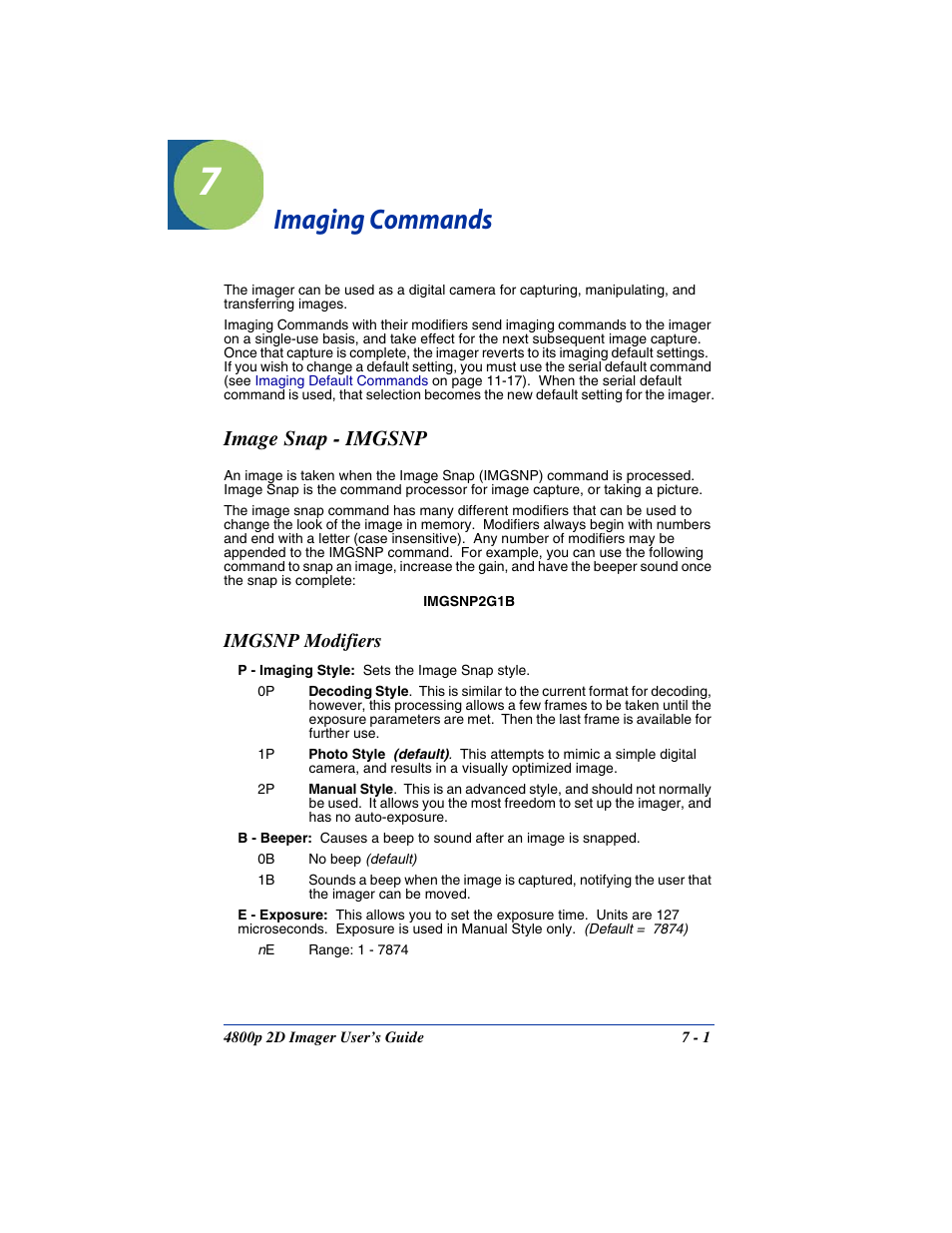 Imaging commands, Image snap - imgsnp, Imgsnp modifiers | Chapter 7 - imaging commands, Image snap - imgsnp -1, Imgsnp modifiers -1 | Hand Held Products 2D IMAGER 4800P User Manual | Page 105 / 184