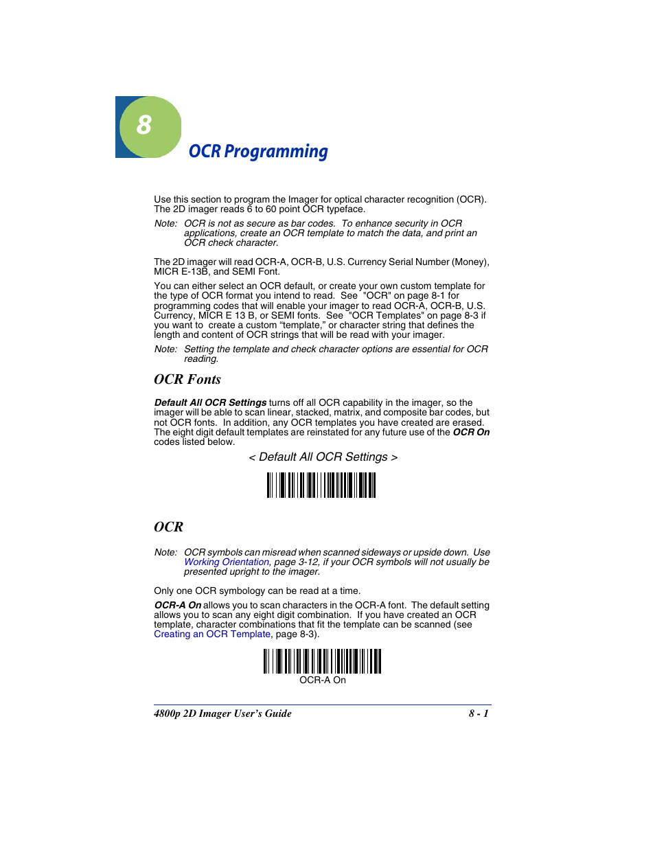 Ocr programming, Chapter 8 - ocr programming, Ocr -1 | Ocr fonts | Hand Held Products 2D IMAGER 4800P User Manual | Page 113 / 184