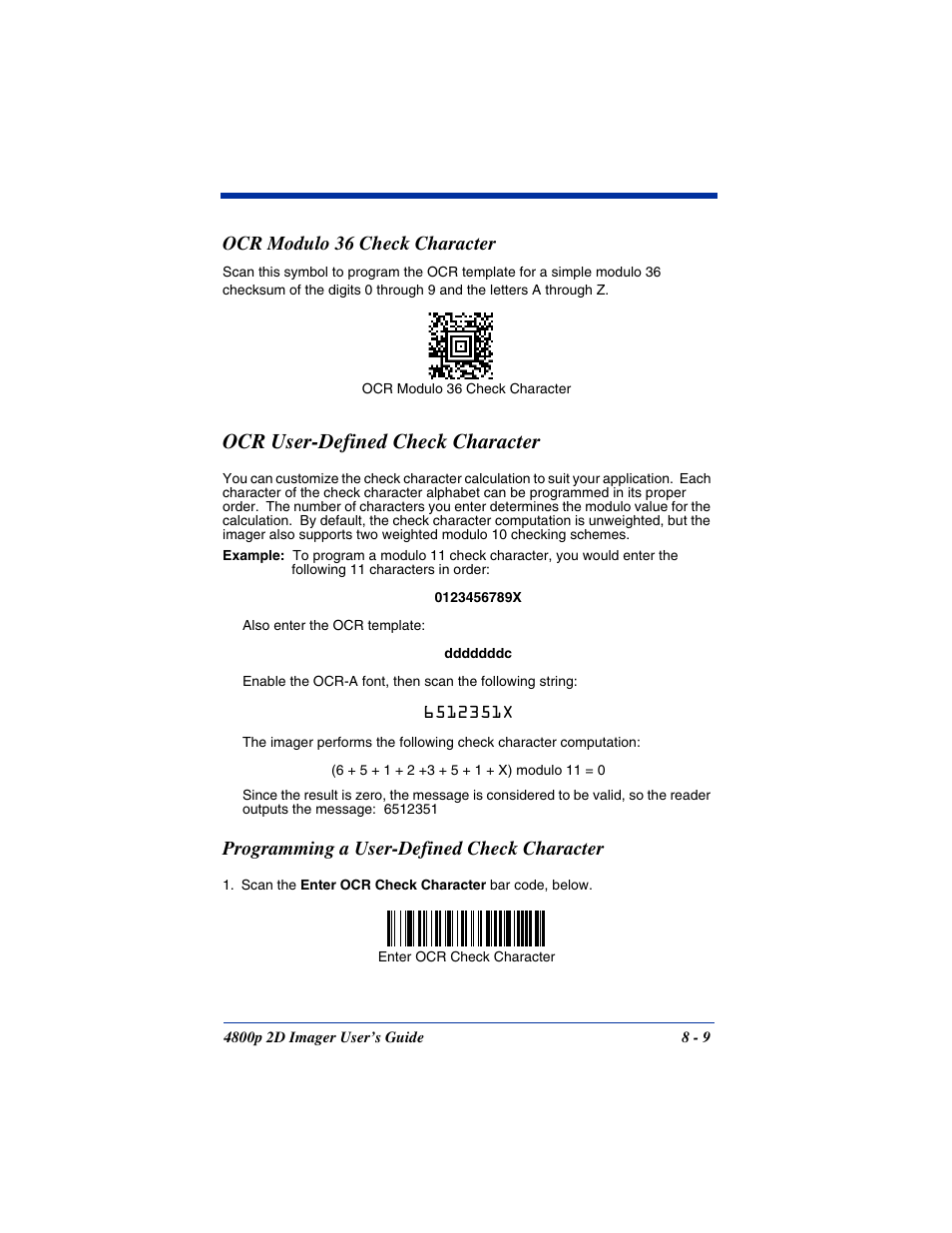 Ocr modulo 36 check character, Ocr user-defined check character, Ocr modulo 36 check character -9 | Ocr user-defined check character -9, Programming a user-defined check character | Hand Held Products 2D IMAGER 4800P User Manual | Page 121 / 184