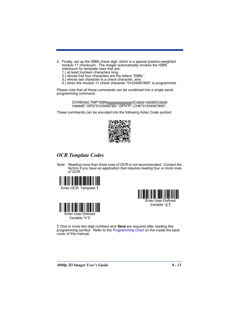 Ocr template codes, Ocr template codes -13, Symbol | Then scan the, Scan the, The letters g and h can then be | Hand Held Products 2D IMAGER 4800P User Manual | Page 125 / 184