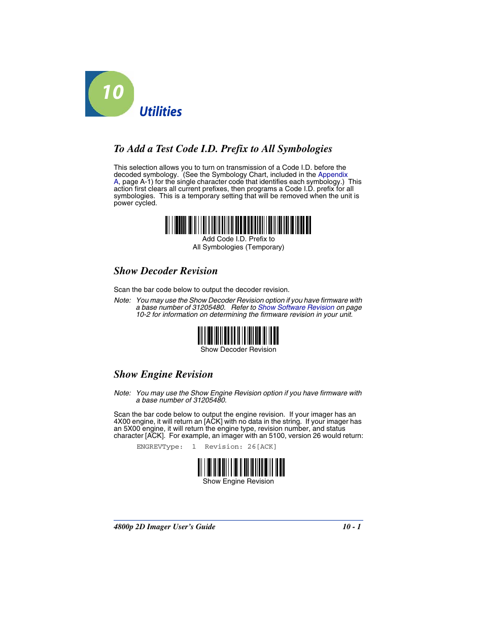 Utilities, To add a test code i.d. prefix to all symbologies, Show decoder revision | Show engine revision, Chapter 10 - utilities, Show engine, Revision | Hand Held Products 2D IMAGER 4800P User Manual | Page 133 / 184
