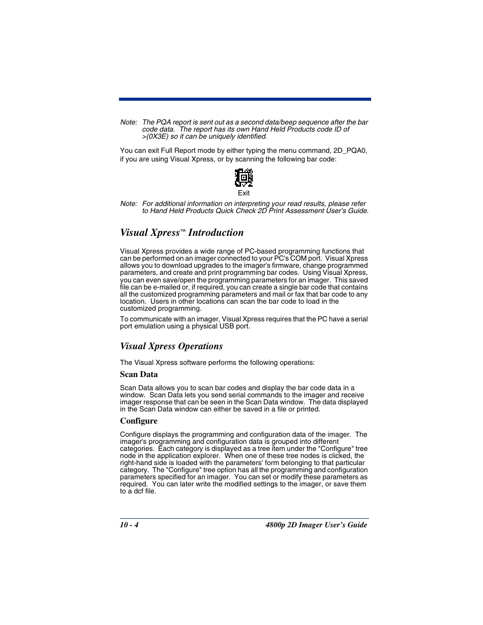 Visual xpress™ introduction, Visual xpress, Introduction | Visual xpress operations | Hand Held Products 2D IMAGER 4800P User Manual | Page 136 / 184
