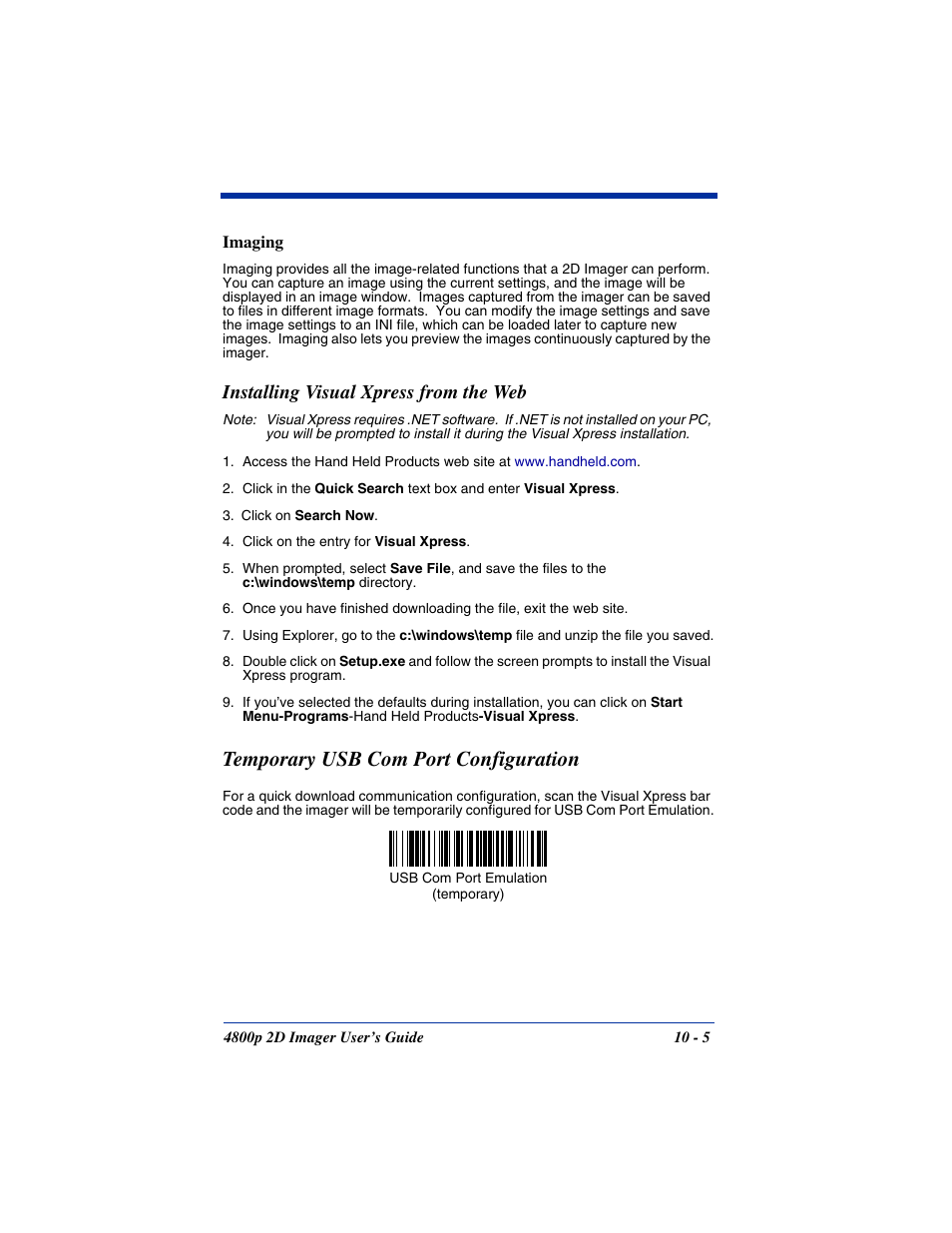 Installing visual xpress from the web, Installing visual xpress from the web -5, Temporary usb com port configuration | Hand Held Products 2D IMAGER 4800P User Manual | Page 137 / 184
