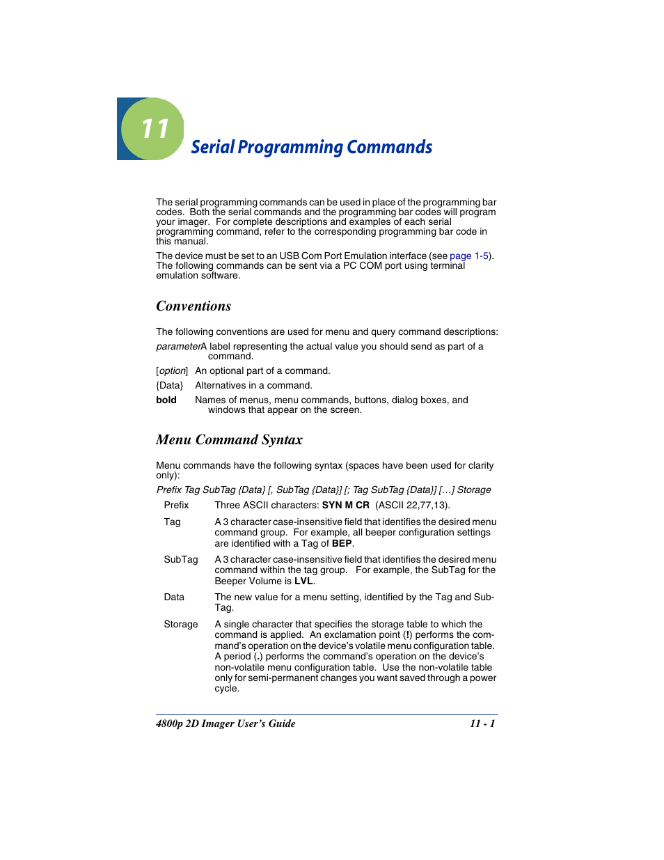 Serial programming commands, Conventions, Menu command syntax | Chapter 11 - serial programming commands, Conventions -1 menu command syntax -1, Chapter 11, For settings and defaults | Hand Held Products 2D IMAGER 4800P User Manual | Page 139 / 184