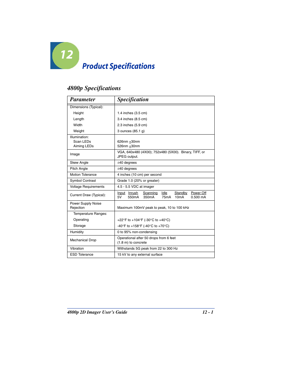 Product specifications, 4800p specifications, Chapter 12 - product specifications | 4800p specifications -1, Parameter specification | Hand Held Products 2D IMAGER 4800P User Manual | Page 159 / 184