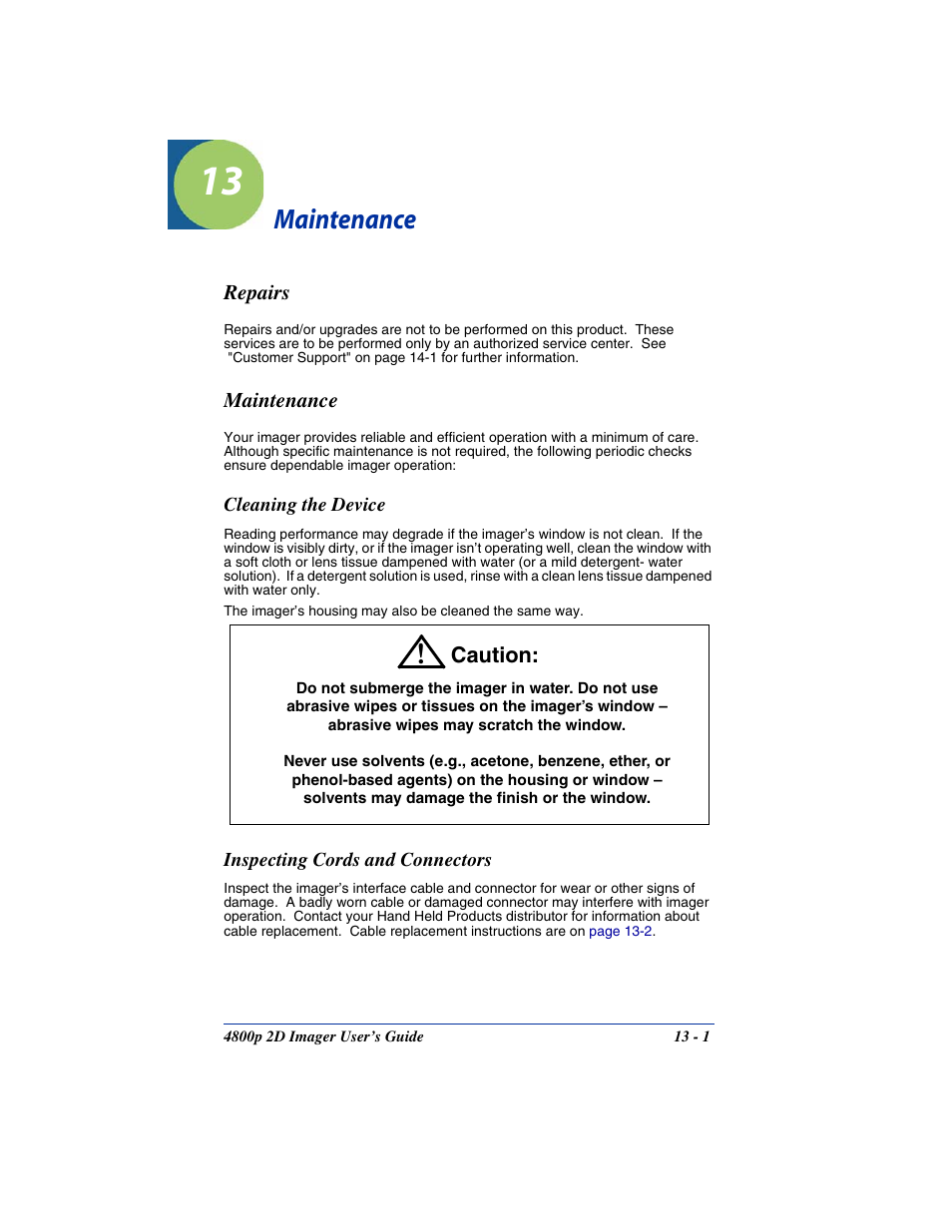 Maintenance, Repairs, Cleaning the device | Inspecting cords and connectors, Chapter 13 - maintenance, Repairs -1 maintenance -1 | Hand Held Products 2D IMAGER 4800P User Manual | Page 161 / 184