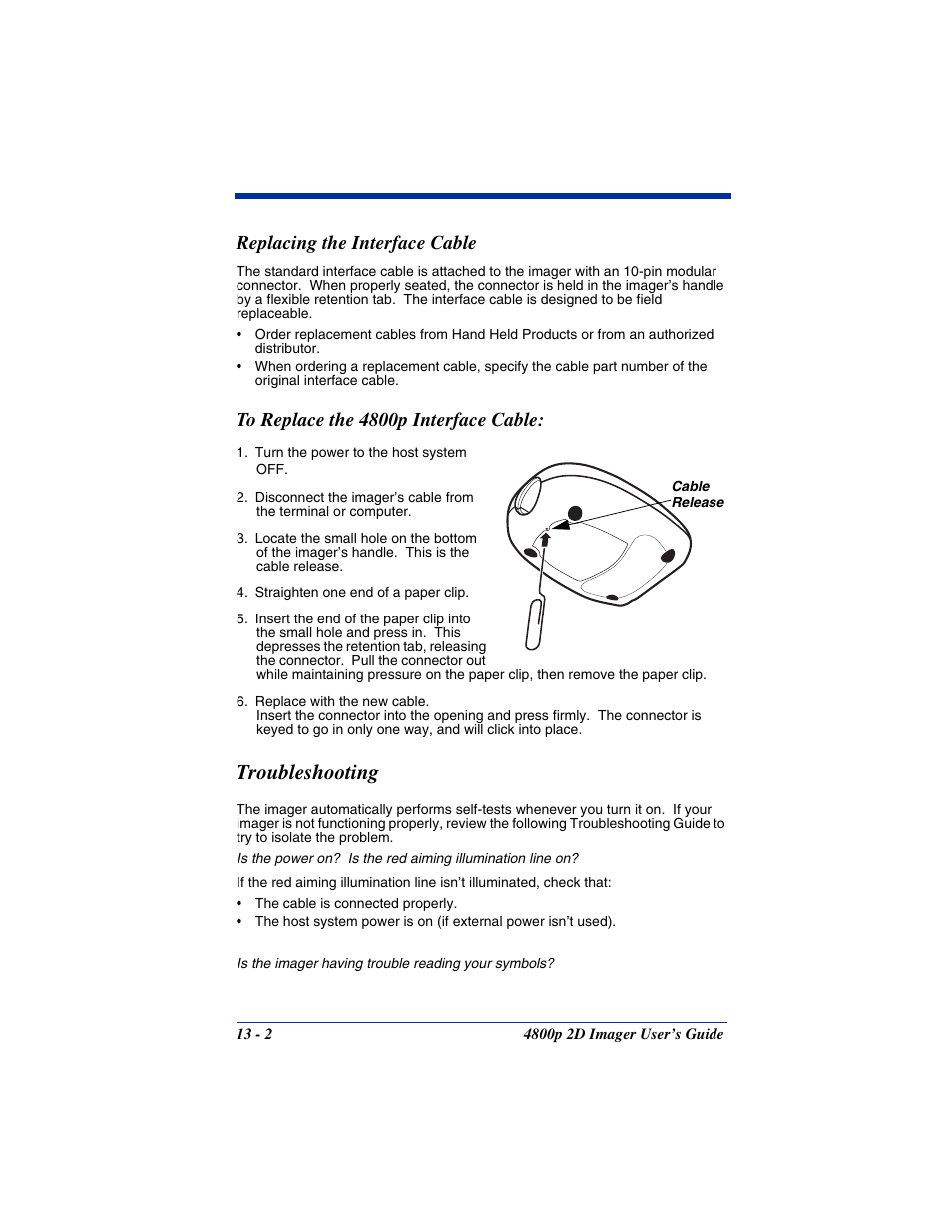 Replacing the interface cable, Troubleshooting, Replacing the interface cable -2 | Troubleshooting -2 | Hand Held Products 2D IMAGER 4800P User Manual | Page 162 / 184