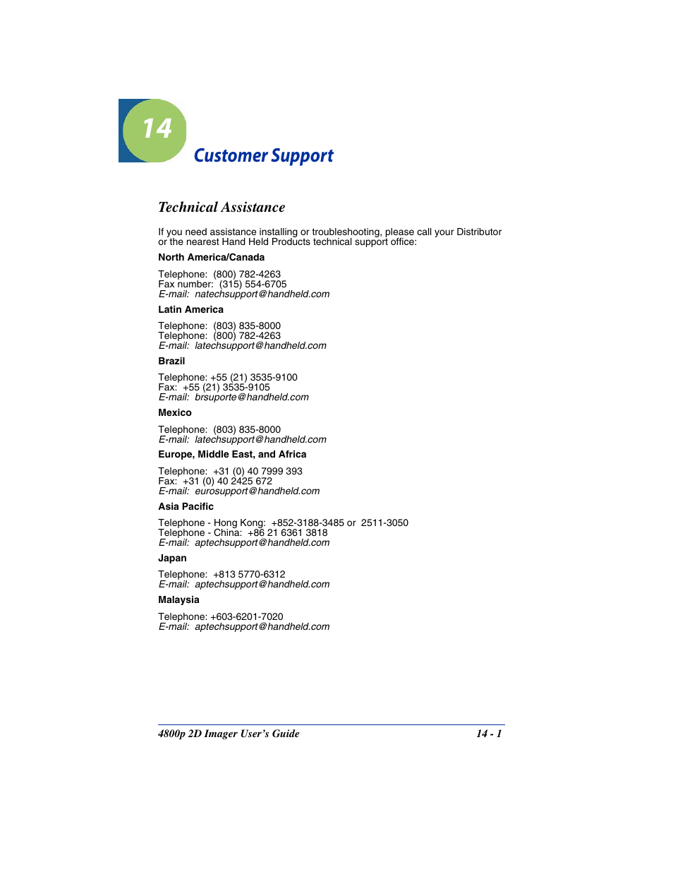 Customer support, Technical assistance, Chapter 14 - customer support | Technical assistance -1, An authorized service center. see | Hand Held Products 2D IMAGER 4800P User Manual | Page 165 / 184