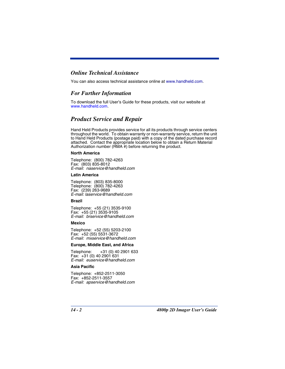 Online technical assistance, For further information, Product service and repair | Product service and repair -2 | Hand Held Products 2D IMAGER 4800P User Manual | Page 166 / 184