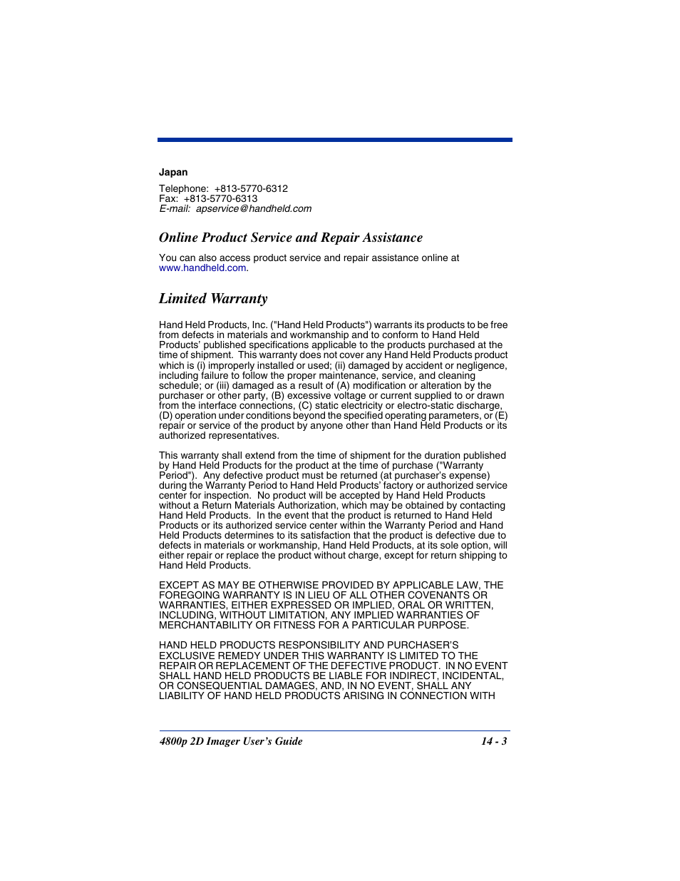 Online product service and repair assistance, Limited warranty, Online product service and repair assistance -3 | Limited warranty -3 | Hand Held Products 2D IMAGER 4800P User Manual | Page 167 / 184