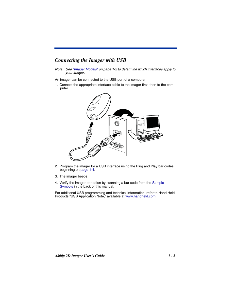 Connecting the imager with usb, Connecting the imager with usb -3 | Hand Held Products 2D IMAGER 4800P User Manual | Page 17 / 184