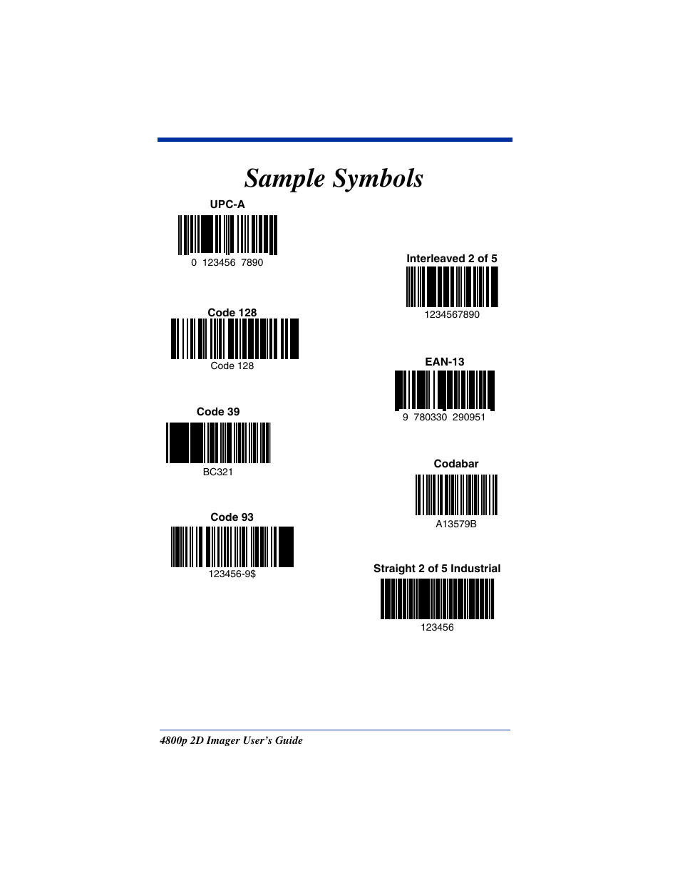Sample symbols, Scanning a bar code from the, Sample | Symbols, In the back of this manual | Hand Held Products 2D IMAGER 4800P User Manual | Page 175 / 184