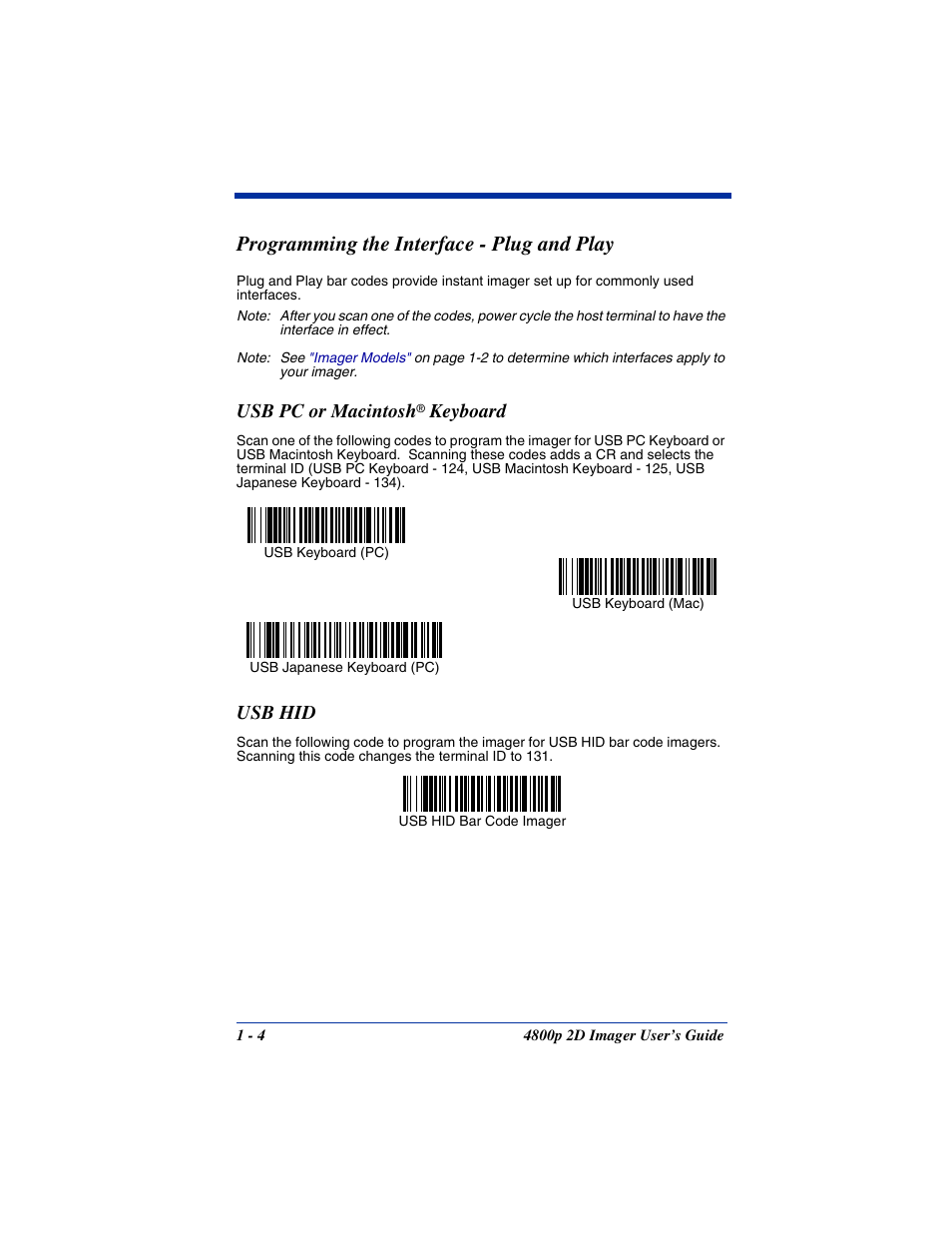 Programming the interface - plug and play, Usb pc or macintosh® keyboard, Usb hid | Programming the interface - plug and play -4, Usb pc or macintosh, Usb hid -4, Beginning on, Keyboard | Hand Held Products 2D IMAGER 4800P User Manual | Page 18 / 184