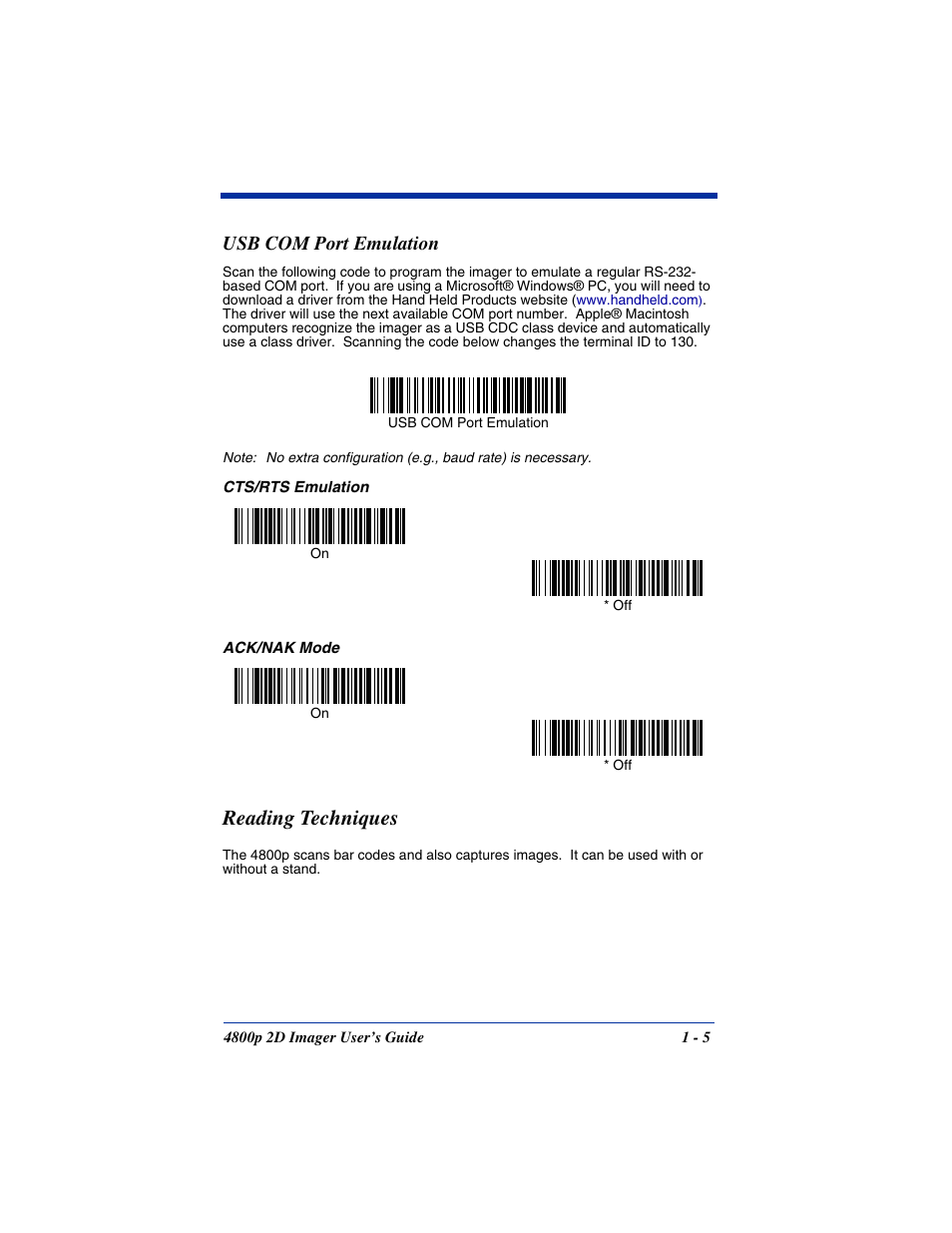 Usb com port emulation, Reading techniques, Usb com port emulation -5 | Reading techniques -5 | Hand Held Products 2D IMAGER 4800P User Manual | Page 19 / 184