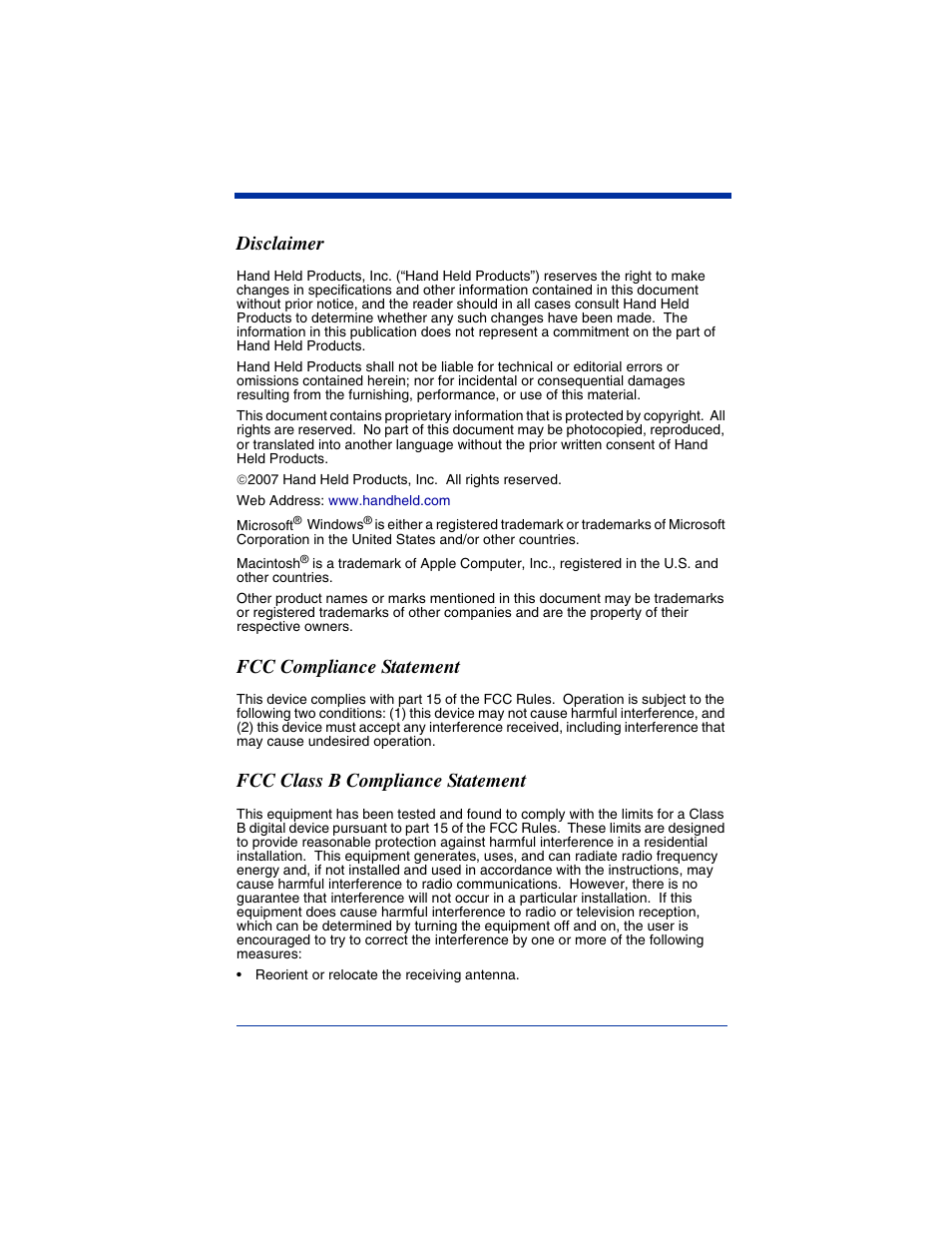 Disclaimer, Fcc compliance statement, Fcc class b compliance statement | Hand Held Products 2D IMAGER 4800P User Manual | Page 2 / 184