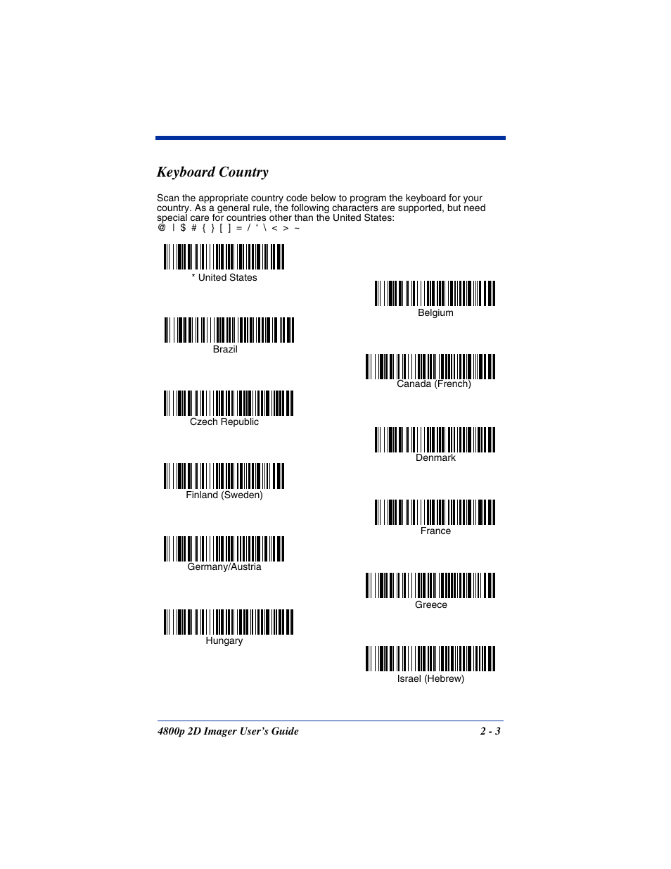 Keyboard country, Keyboard country -3 | Hand Held Products 2D IMAGER 4800P User Manual | Page 23 / 184