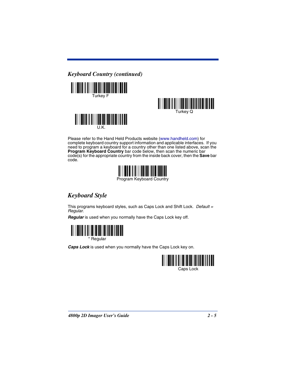 Keyboard style, Keyboard style -5, Keyboard country (continued) | Hand Held Products 2D IMAGER 4800P User Manual | Page 25 / 184