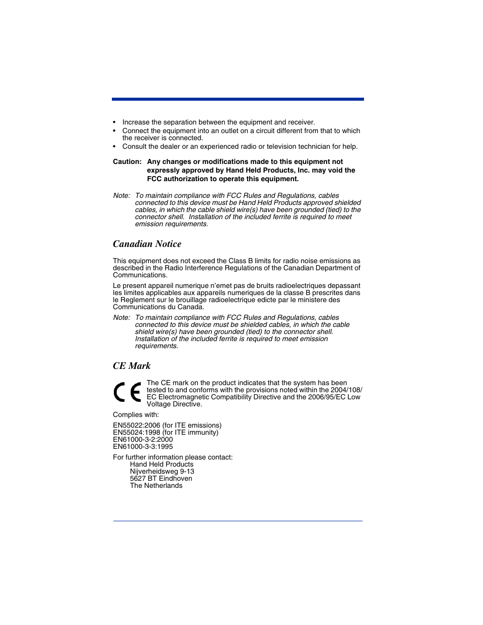 Canadian notice, Ce mark | Hand Held Products 2D IMAGER 4800P User Manual | Page 3 / 184