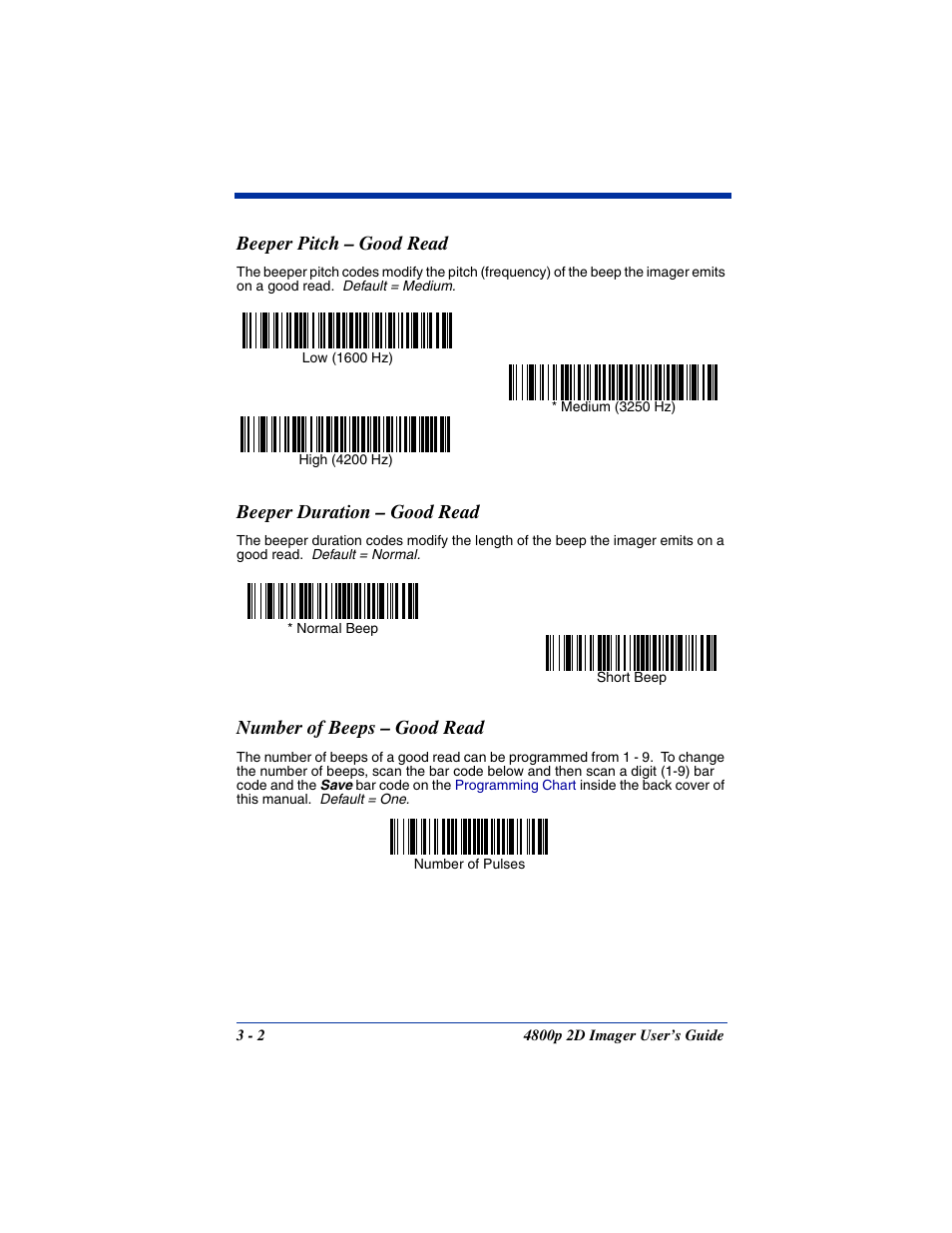 Beeper pitch - good read, Beeper duration - good read, Number of beeps - good read | Beeper pitch – good read, Beeper duration – good read, Number of beeps – good read | Hand Held Products 2D IMAGER 4800P User Manual | Page 30 / 184