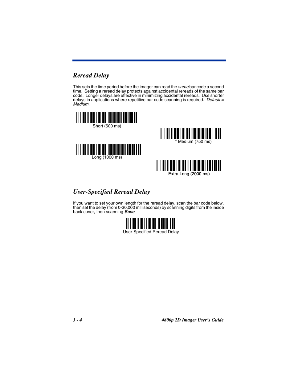 Reread delay, User-specified reread delay, Reread delay -4 user-specified reread delay -4 | Hand Held Products 2D IMAGER 4800P User Manual | Page 32 / 184
