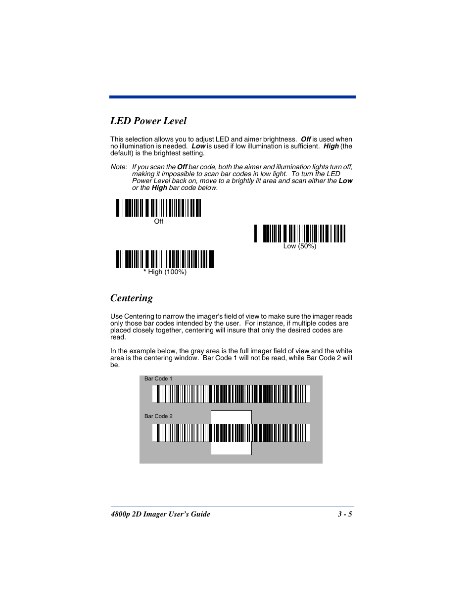Led power level, Centering, Led power level -5 centering -5 | Hand Held Products 2D IMAGER 4800P User Manual | Page 33 / 184