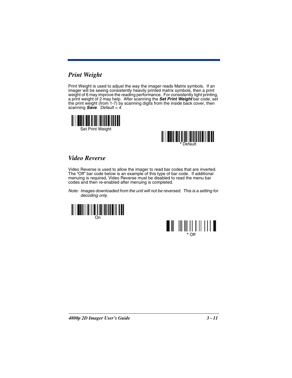 Print weight, Video reverse, Print weight -11 video reverse -11 | Hand Held Products 2D IMAGER 4800P User Manual | Page 39 / 184