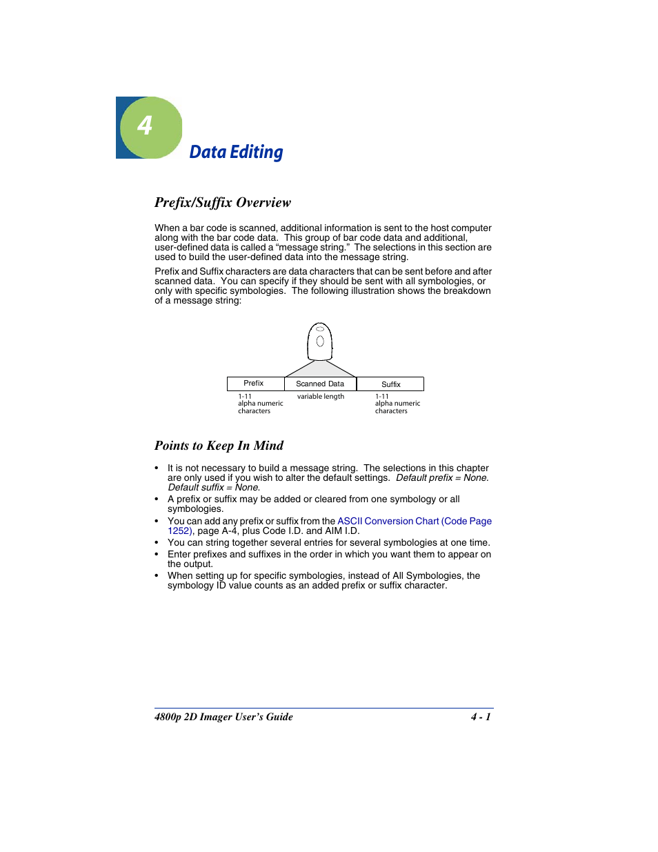 Data editing, Prefix/suffix overview, Chapter 4 - data editing | Prefix/suffix overview -1, Points to keep in mind | Hand Held Products 2D IMAGER 4800P User Manual | Page 41 / 184