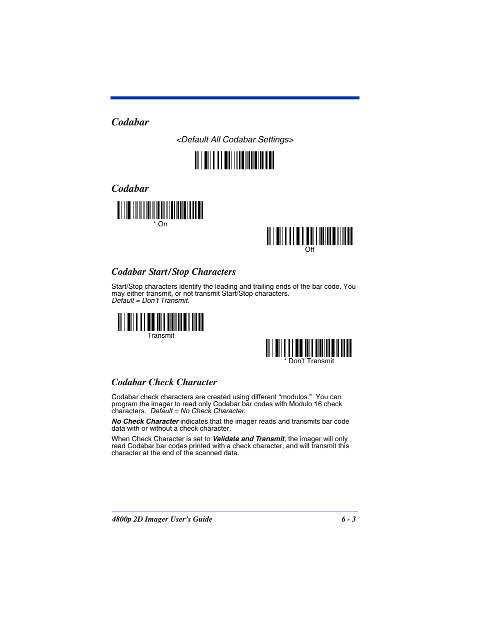 Codabar start / stop characters, Codabar check character, Codabar | Hand Held Products 2D IMAGER 4800P User Manual | Page 57 / 184