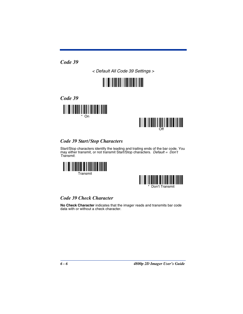 Code 39 start / stop characters, Code 39 check character, Code 39 | Hand Held Products 2D IMAGER 4800P User Manual | Page 60 / 184