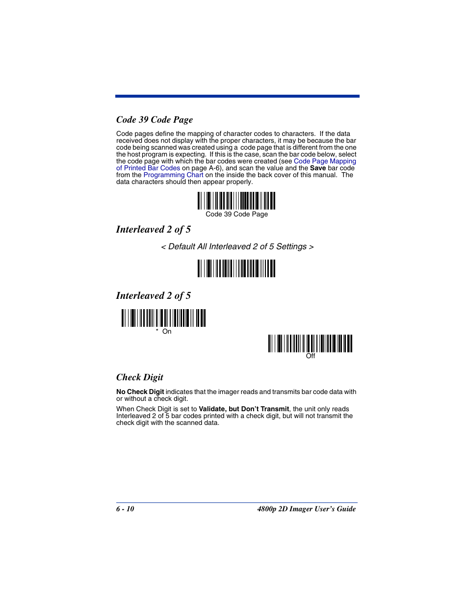 Check digit, Interleaved 2 of 5, Code 39 code page | Hand Held Products 2D IMAGER 4800P User Manual | Page 64 / 184